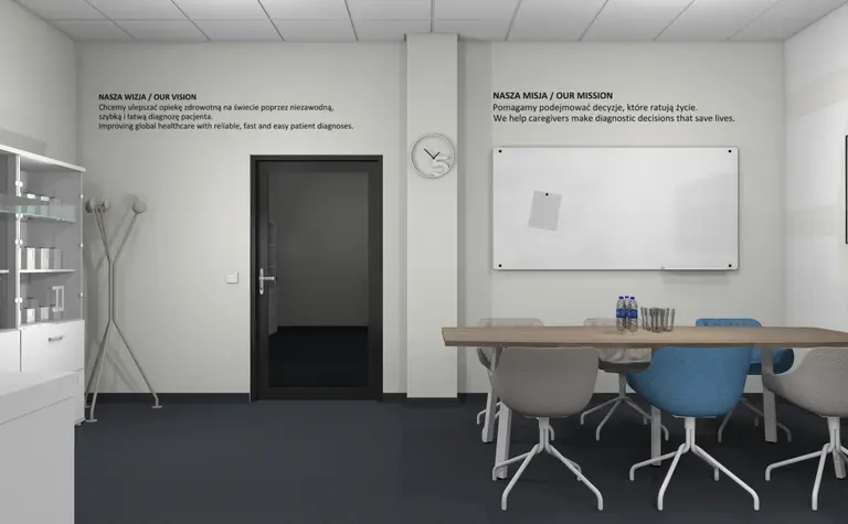 Wnętrze gabinetu z białym biurkiem i szarymi krzesłami w stylu minimalistycznym