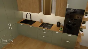 Nowoczesna kuchnia w stylu japandi z zielonymi meblami i drewnianymi detalami.