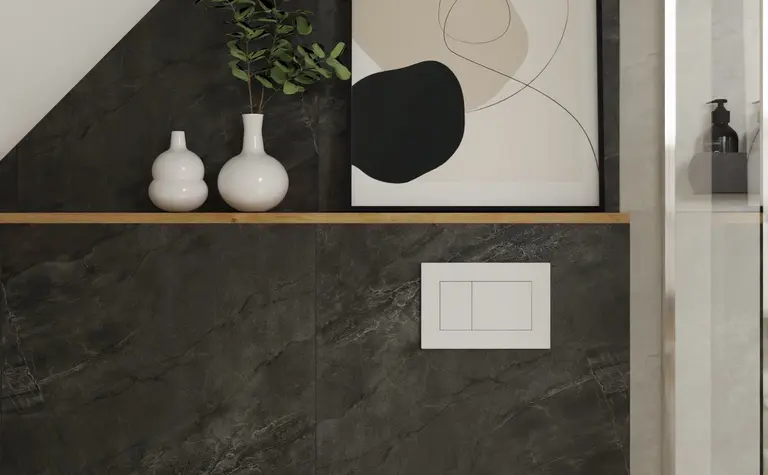 Nowoczesna łazienka z zielonymi płytkami i białymi sanitariami, styl boho.