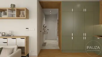Wnętrze korytarza w stylu japandi i nowoczesnym z zielonymi szafkami.