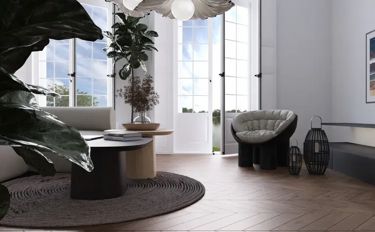 Salon z roślinami, minimalistyczny i prowansalski design, jasne kolory.