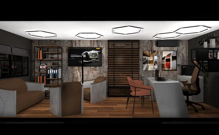 Wnętrze gabinetu w stylu dopamine decor, industrialnym, japandi, nowoczesnym, quiet luxury, współczesnym.