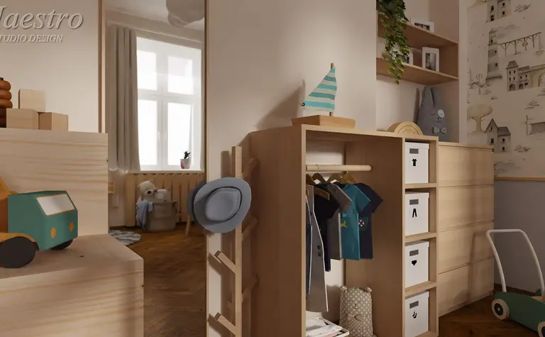 Pokój dziecięcy w stylu eklektycznym z drewnianymi meblami i vintage dekoracjami.
