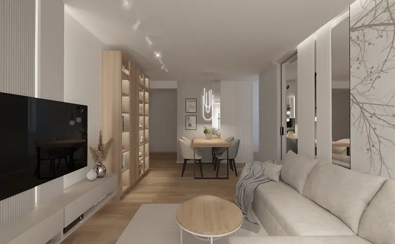 Salon w stylu skandynawskim z drewnianymi meblami i jasnymi akcentami.