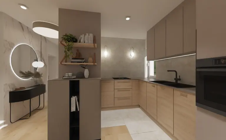 Kuchnia w stylu glamour i minimalistycznym z drewnianymi meblami i nowoczesnymi detalami.