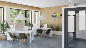 Wnętrze biura w stylu japandi i soft minimalizm z białymi meblami.