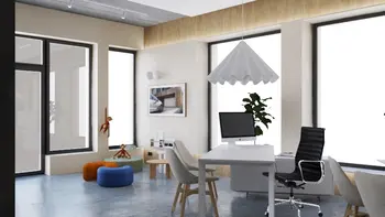 Biuro z rośliną, nowoczesnym biurkiem i jasnymi oknami. Styl japandi, soft minimalizm, współczesny.