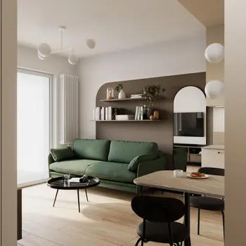 Wnętrze salonu minimalistycznego z zieloną sofą i drewnianymi akcentami.