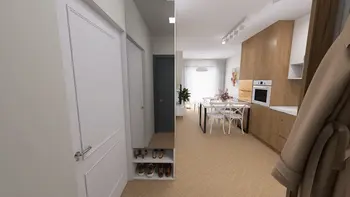 Wnętrze kuchni z drewnianymi meblami, minimalistyczne i nowoczesne.