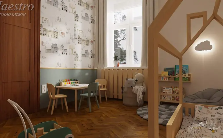 Pokój dziecięcy w stylu eklektycznym i vintage z drewnianymi meblami i kolorowymi dodatkami.