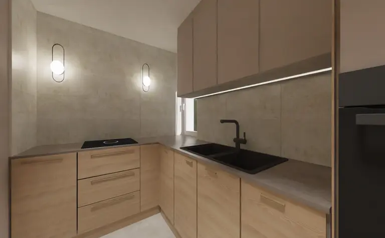 Kuchnia w stylu glamour i minimalistycznym z drewnianymi meblami i nowoczesnym oświetleniem.