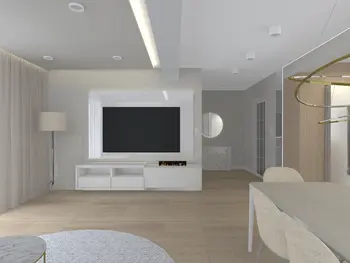 Wnętrze salonu w stylu minimalistycznym z nowoczesnym oświetleniem i soft minimalizmem.