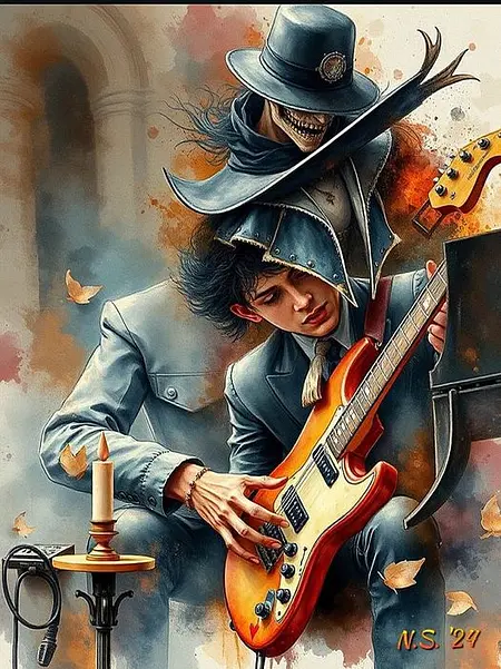 Artystyczny obraz przedstawiający mężczyznę grającego na gitarze, styl: art deco, glamour, vintage.