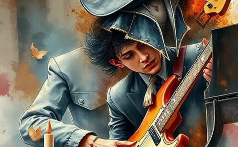 Artystyczny obraz przedstawiający mężczyznę grającego na gitarze, styl: art deco, glamour, vintage.