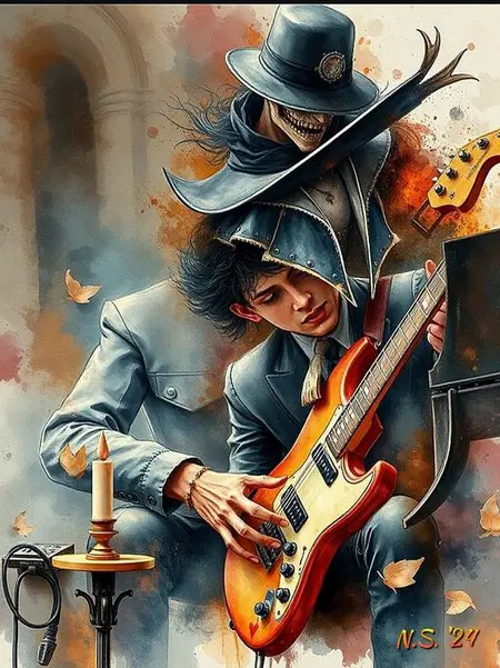 Artystyczny obraz przedstawiający mężczyznę grającego na gitarze, styl: art deco, glamour, vintage.