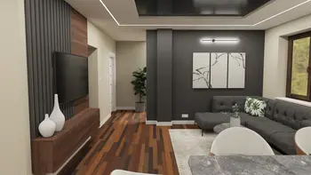 Wnętrze salonu z szarym narożnikiem i drewnianą podłogą, nowoczesny design.