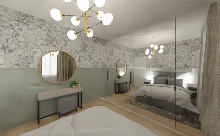 Wnętrze sypialni w stylu glamour i minimalistycznym z nowoczesnym oświetleniem.