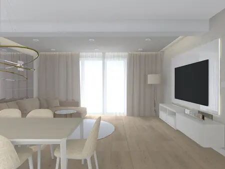 Wnętrze minimalistycznego salonu z nowoczesnymi meblami i subtelnymi akcentami.