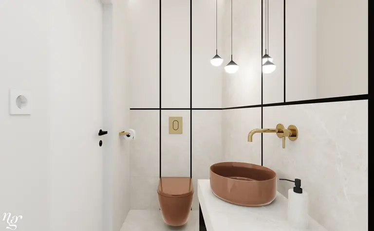 Nowoczesna łazienka z brązową umywalką i złotymi detalami, minimalistyczny design.