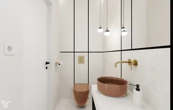 Nowoczesna łazienka z brązową umywalką i złotymi detalami, minimalistyczny design.