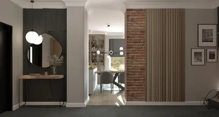 Wnętrze z rustykalnym akcentem, ceglana ściana i drewniany stół.