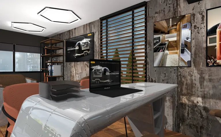 Gabinet w stylu dopamine decor z metalowym biurkiem, brązową sofą i industrialnym wykończeniem.