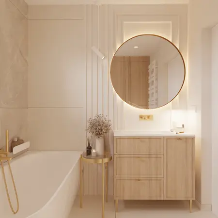 Nowoczesna łazienka z drewnianą szafką, okrągłym lustrem i akcentami w stylu quiet luxury.
