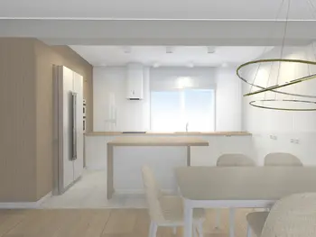Nowoczesna kuchnia w stylu minimalistycznym z drewnianymi meblami i oświetleniem.