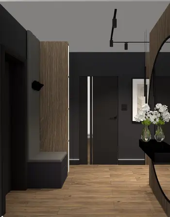 Przedpokój w stylu industrialnym z drewnianą podłogą i nowoczesnymi detalami.