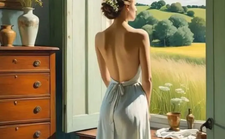 Wnętrze sypialni z art deco, glamour i vintage, widok na zielone pola.