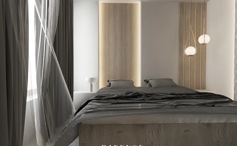 Eklektyczne wnętrze minimalistycznej sypialni z szarymi zasłonami i drewnianymi akcentami.