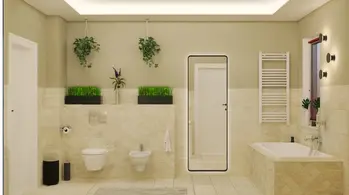 Nowoczesna łazienka w stylu soft minimalizm z roślinami.