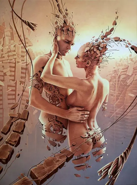 Surrealistyczny obraz przedstawiający parę ludzi z elementami art deco i industrialnymi.
