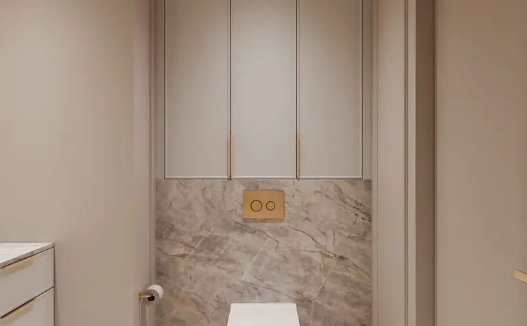 Elegancka łazienka w stylu minimaluxe z nowoczesnymi detalami.