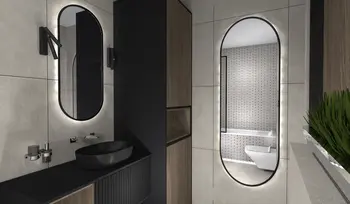 Nowoczesna łazienka z industrialnymi i minimalistycznymi elementami, czarną umywalką oraz drewnianymi detalami.