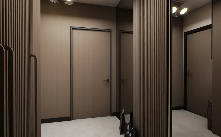 Przedpokój z brązowymi panelami i oświetleniem, nowoczesny design.