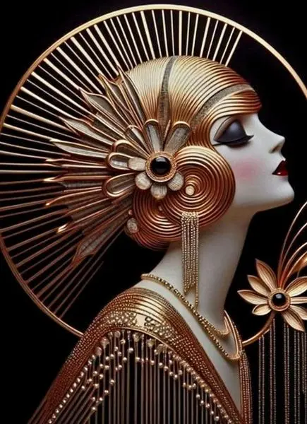 Obrazek przedstawiający stylizowany portret kobiety w stylu art deco z glamour i vintage akcentami.