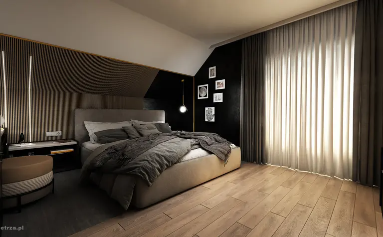 Wnętrze sypialni z szarymi ścianami, beżowym łóżkiem i nowoczesnymi detalami.