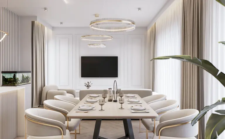 Nowoczesna jadalnia z jasnym stołem, minimalistycznymi krzesłami, soft minimalizm i quiet luxury.