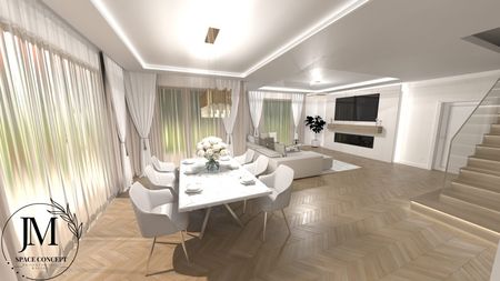 Wnętrze jadalni z białym stołem, szarymi krzesłami i drewnianą podłogą w stylu współczesnym.