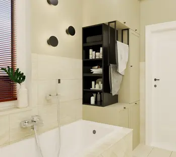 Nowoczesna łazienka w stylu soft minimalizm z beżowymi płytkami i czarnymi detalami.