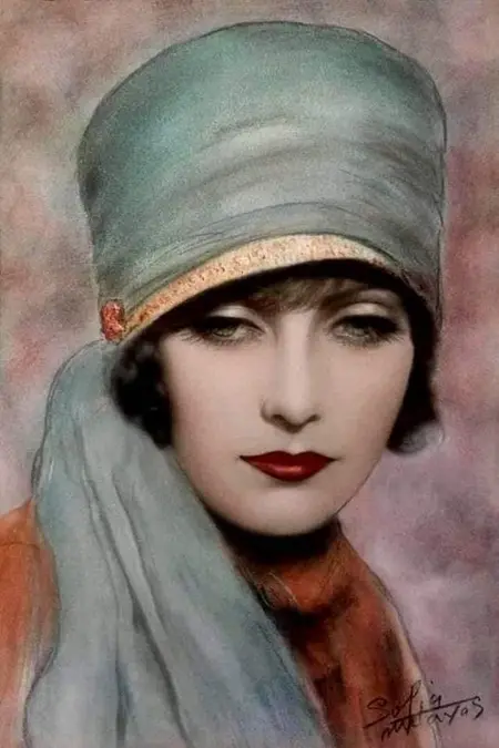 Portret kobiety w stylu art deco z zieloną chustą i czerwonymi ustami.