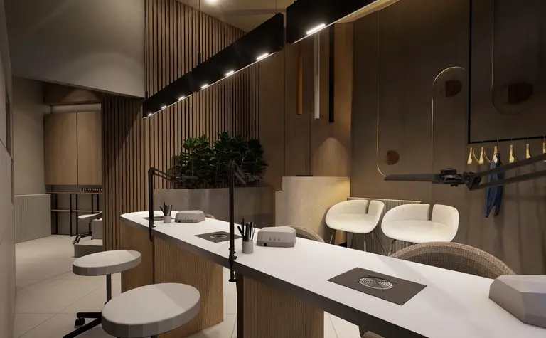 Wnętrze z drewnianym blatem, białymi krzesłami i roślinami w stylu boho, japandi i minimalistycznym.