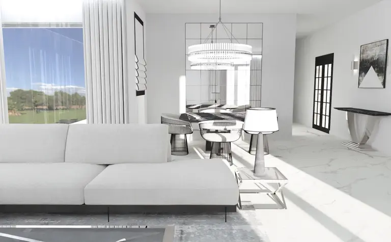 Wnętrze jadalni z białym stołem, czarnymi krzesłami, style glamour, nowoczesny, quiet luxury, współczesny.