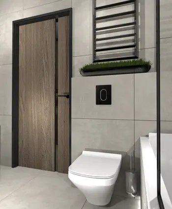 Wnętrze łazienki w stylach industrialnym i skandynawskim z drewnianymi akcentami.