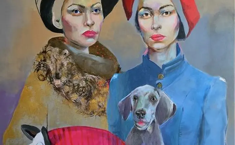 Obraz przedstawiający dwie kobiety z psem i zabawką, styl art deco, glamour, vintage.
