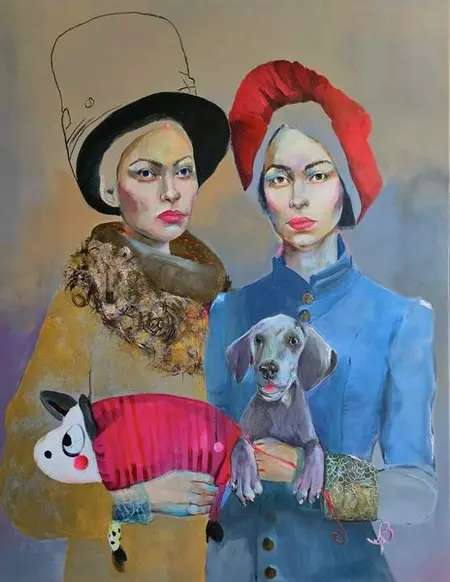 Obraz przedstawiający dwie kobiety z psem i zabawką, styl art deco, glamour, vintage.