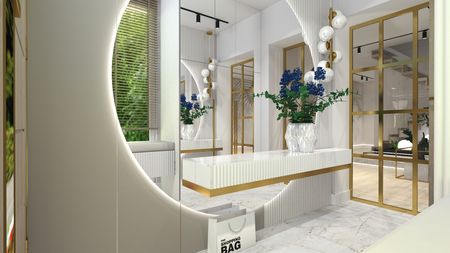 Stylowy przedpokój z białą ławką, złotymi detalami i niebieskimi kwiatami.