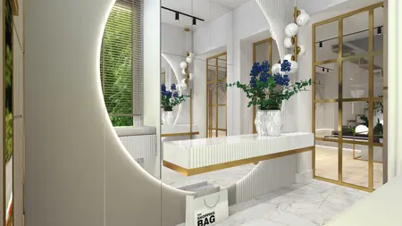 Stylowy przedpokój z białą ławką, złotymi detalami i niebieskimi kwiatami.