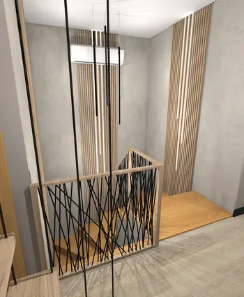 Nowoczesny korytarz z drewnianą balustradą i oświetleniem.